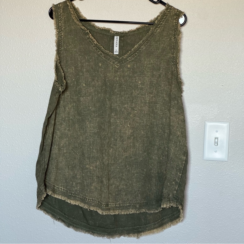 Zenana Washed Linen/Rayon Olive Frayed Edge Tank Top